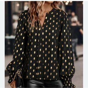 SHEIN black w gold dot long sleeve blouse w puff sleeve & ruffle sleeve sz L